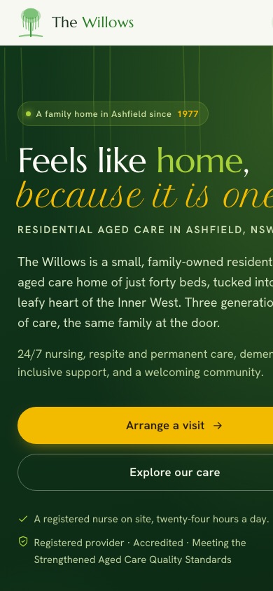 The Willows homepage on a phone