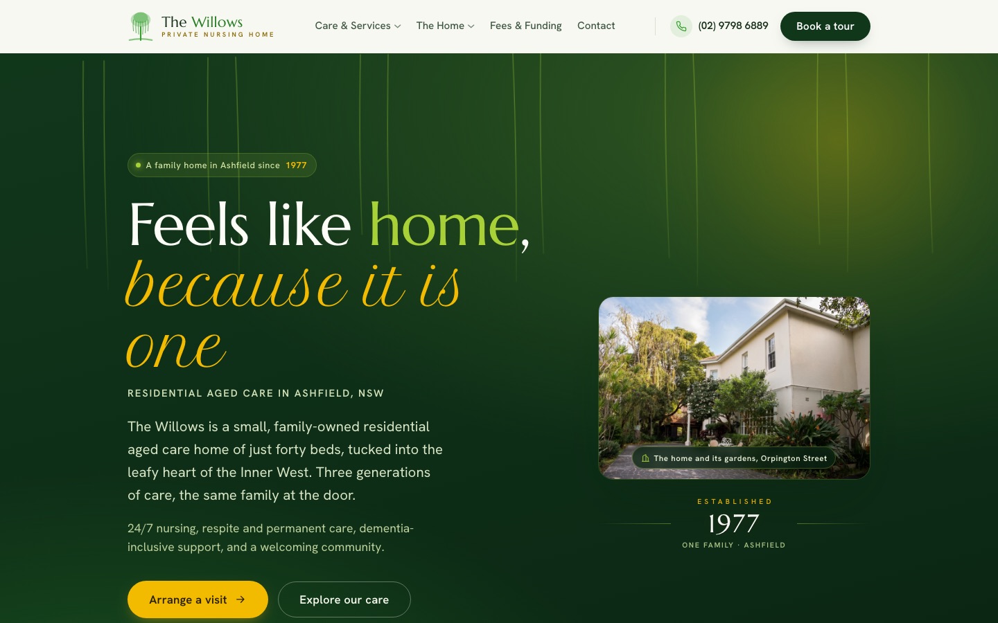 The Willows Private Nursing Home homepage on desktop